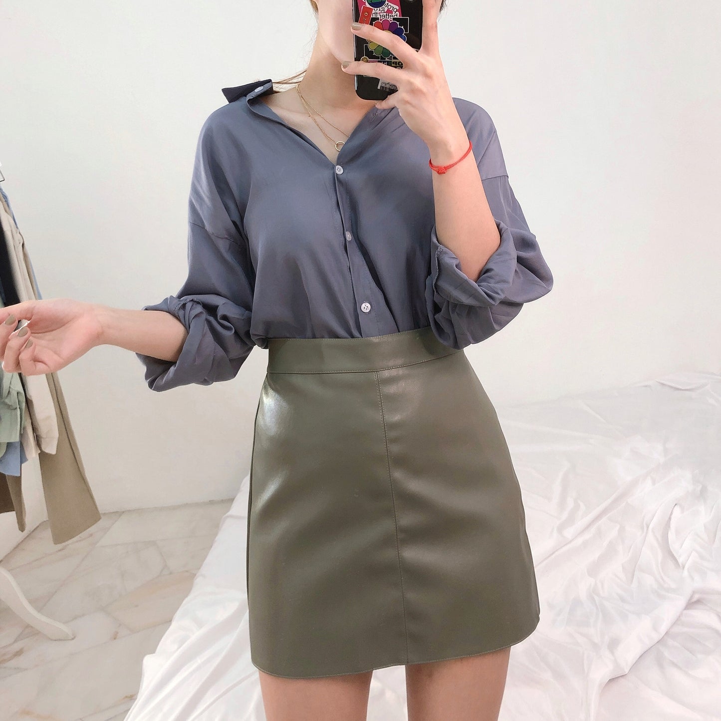 GREEN LEATHER SKIRT L/XL