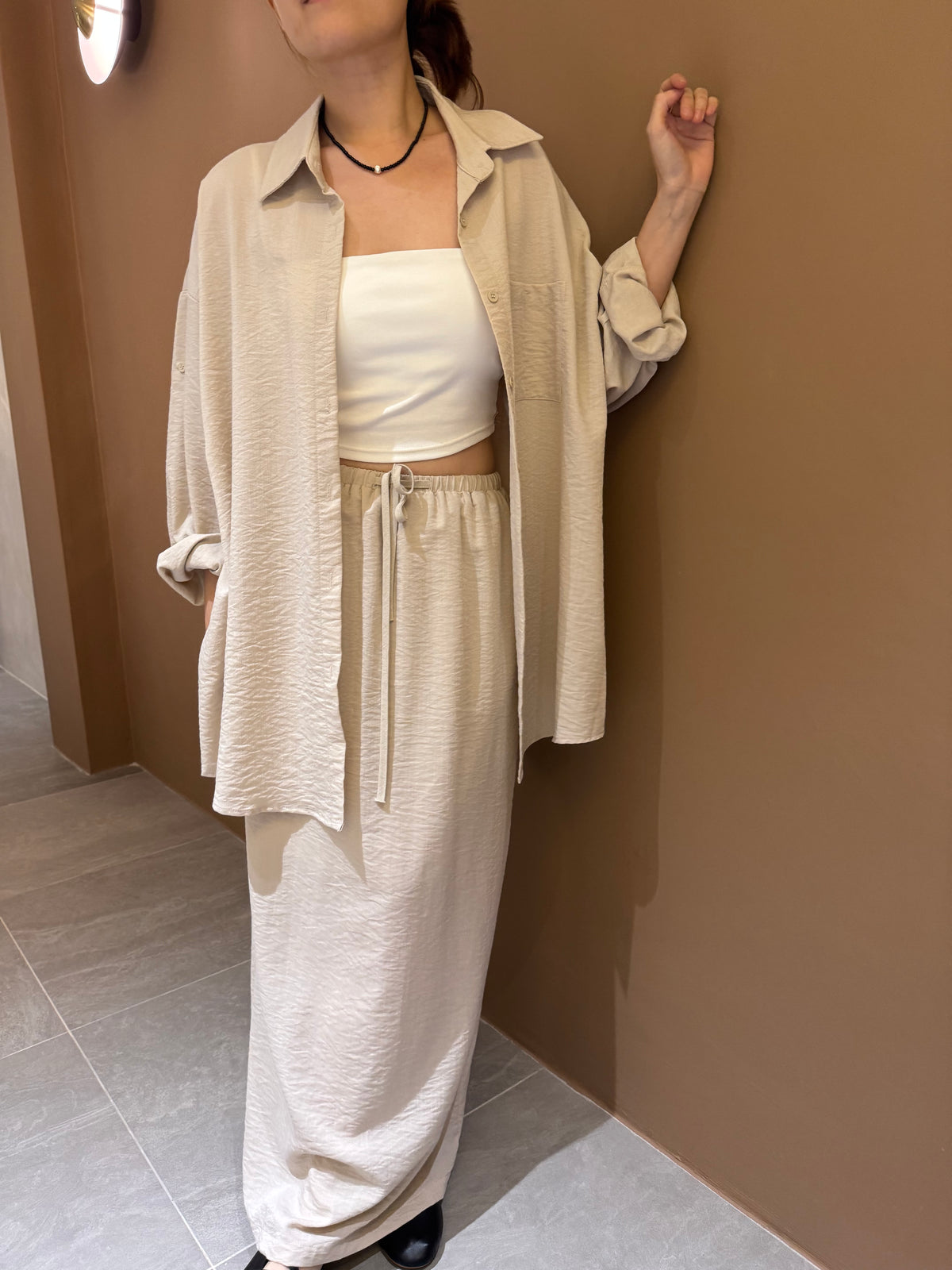LINEN COTTON BLOUSE+SKIRT IN SET IN BEIGE/BLACK