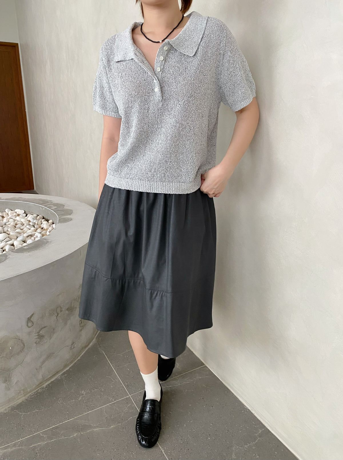 POLO KNIT TOP IN GREY/NAVYBLUE