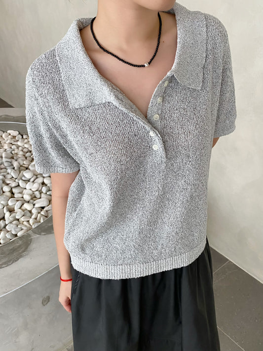 POLO KNIT TOP IN GREY/NAVYBLUE