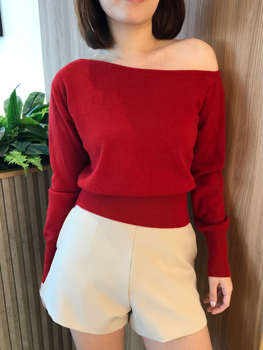 OFF SHOULDER TOP IN RED/GREY