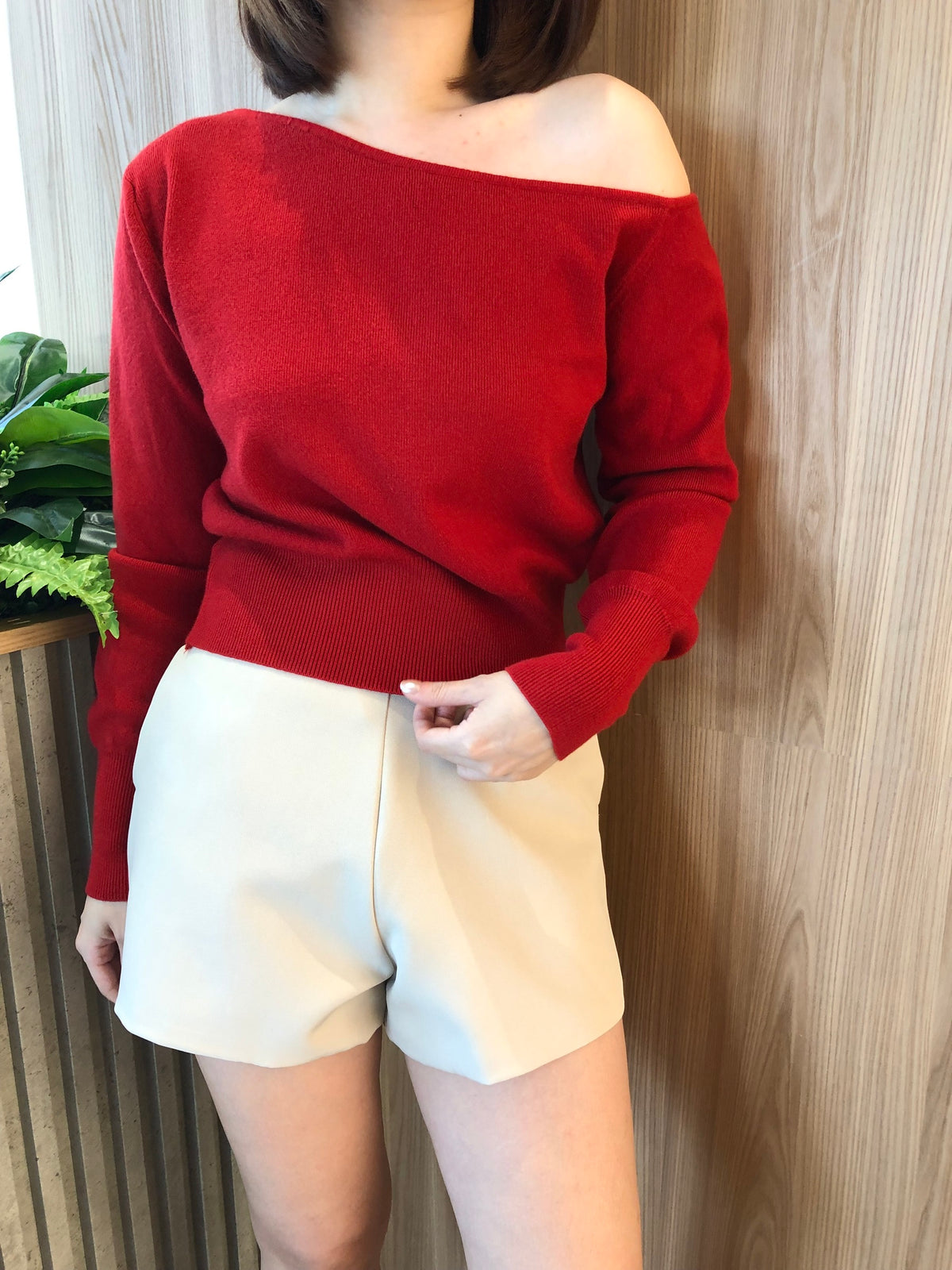 OFF SHOULDER TOP IN RED/GREY