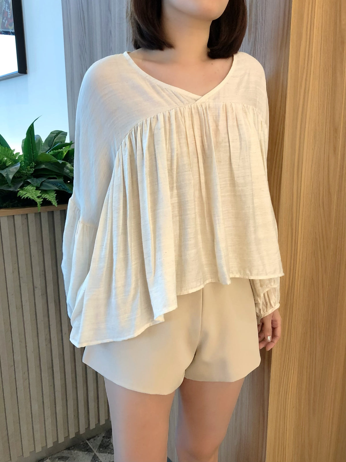 VERRIS BLOUSE TOP IN BEAN GREEN/OAT BEIGE/SKY BLUE