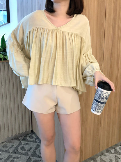 VERRIS BLOUSE TOP IN BEAN GREEN/OAT BEIGE/SKY BLUE