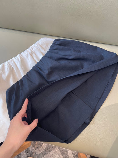LINEN COTTON MINI SKIRT IN BEIGE/NAVYBLUE