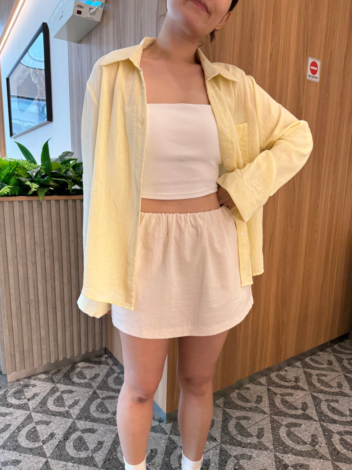 LINEN COTTON MINI SKIRT IN BEIGE/NAVYBLUE
