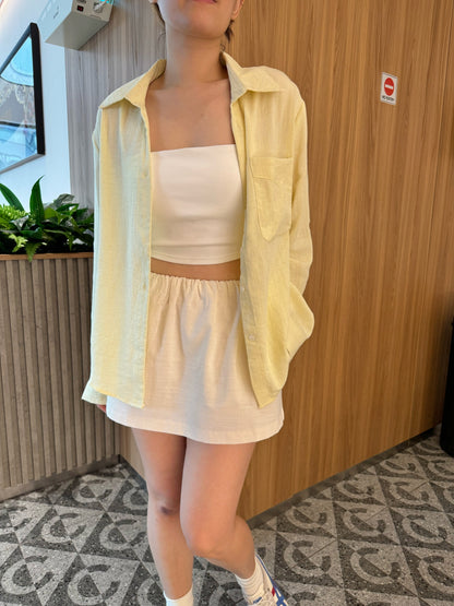 LINEN COTTON MINI SKIRT IN BEIGE/NAVYBLUE