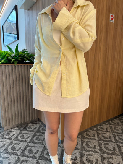 LINEN COTTON MINI SKIRT IN BEIGE/NAVYBLUE
