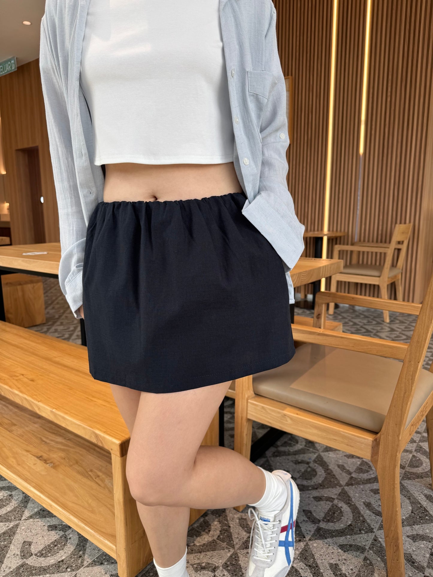 LINEN COTTON MINI SKIRT IN BEIGE/NAVYBLUE