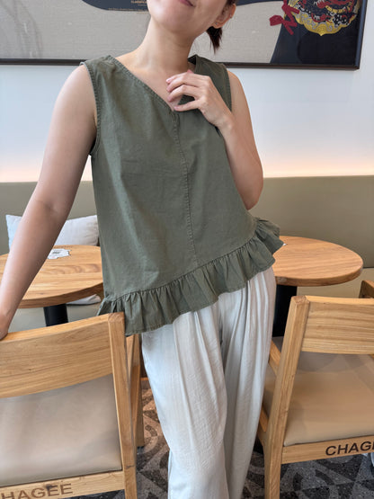 DENIM SINGLET TOP IN OLIVE GREEN