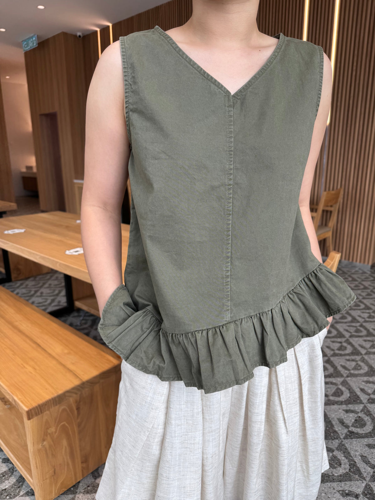 DENIM SINGLET TOP IN OLIVE GREEN