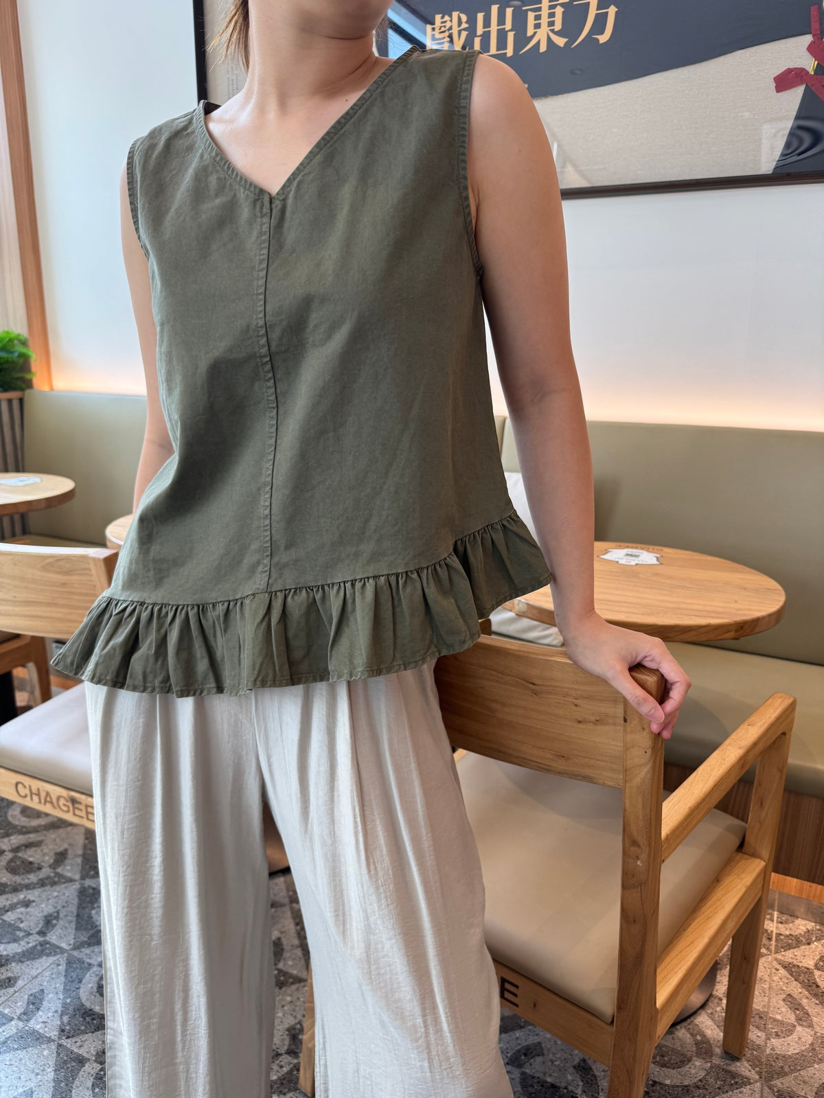 DENIM SINGLET TOP IN OLIVE GREEN