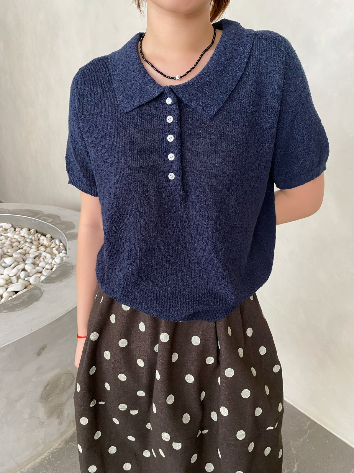 POLO KNIT TOP IN GREY/NAVYBLUE