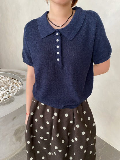 POLO KNIT TOP IN GREY/NAVYBLUE
