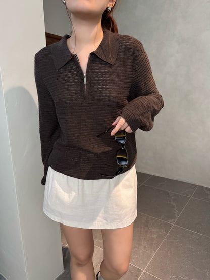 POLO KNIT TOP IN BROWN/CREAM WHITE