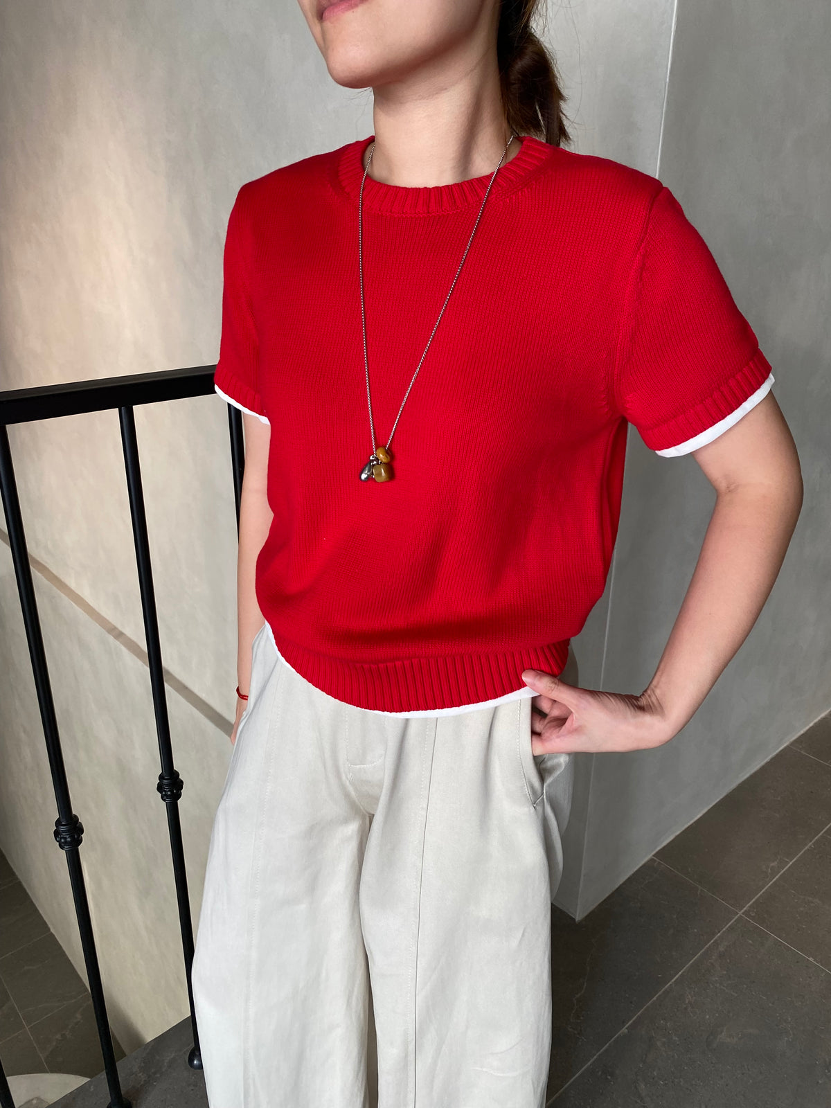 JAMES KNIT TOP IN RED/GREY/NAVYBLUE