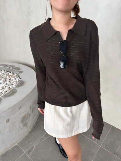 POLO KNIT TOP IN BROWN/CREAM WHITE