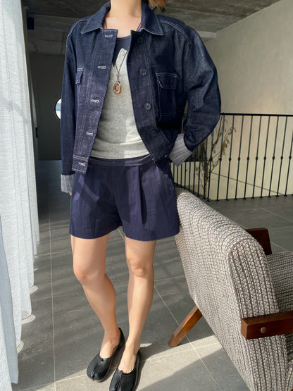 TERRY HIGH WAIST SHORT IN BEIGE/NAVYBLUE
