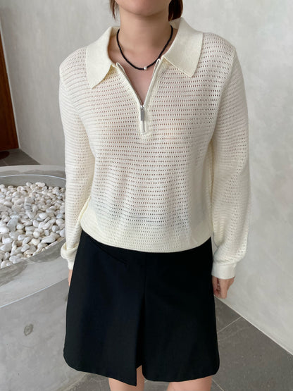POLO KNIT TOP IN BROWN/CREAM WHITE