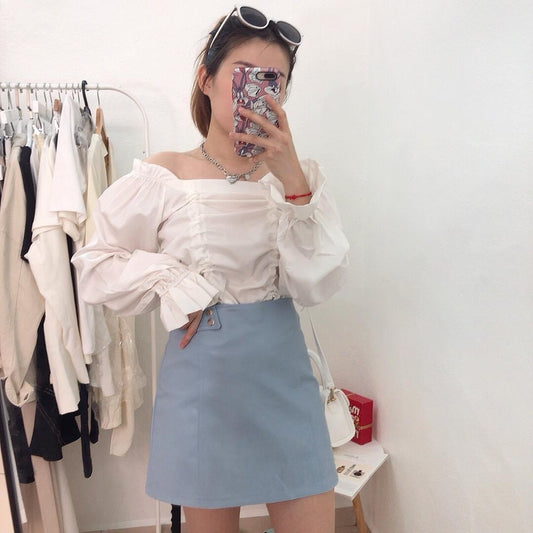 BLUE LEATHER SKIRT S SIZE