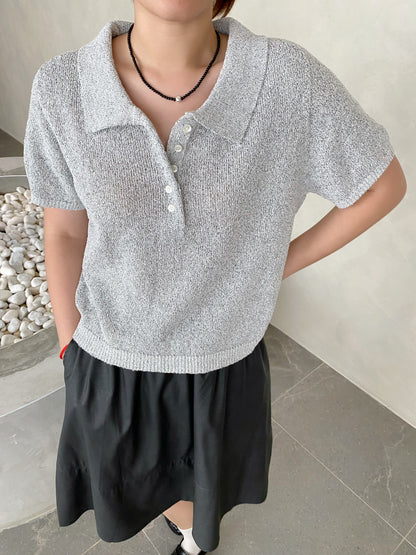 POLO KNIT TOP IN GREY/NAVYBLUE