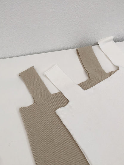 SQUARE NECK KNIT SINGLET IN WHITE/KHAKI