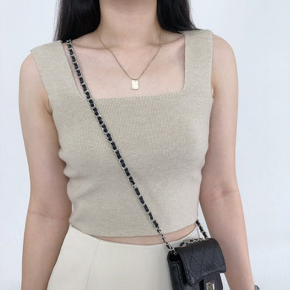 SQUARE NECK KNIT SINGLET IN WHITE/KHAKI
