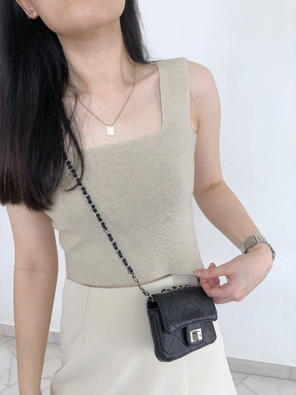 SQUARE NECK KNIT SINGLET IN WHITE/KHAKI