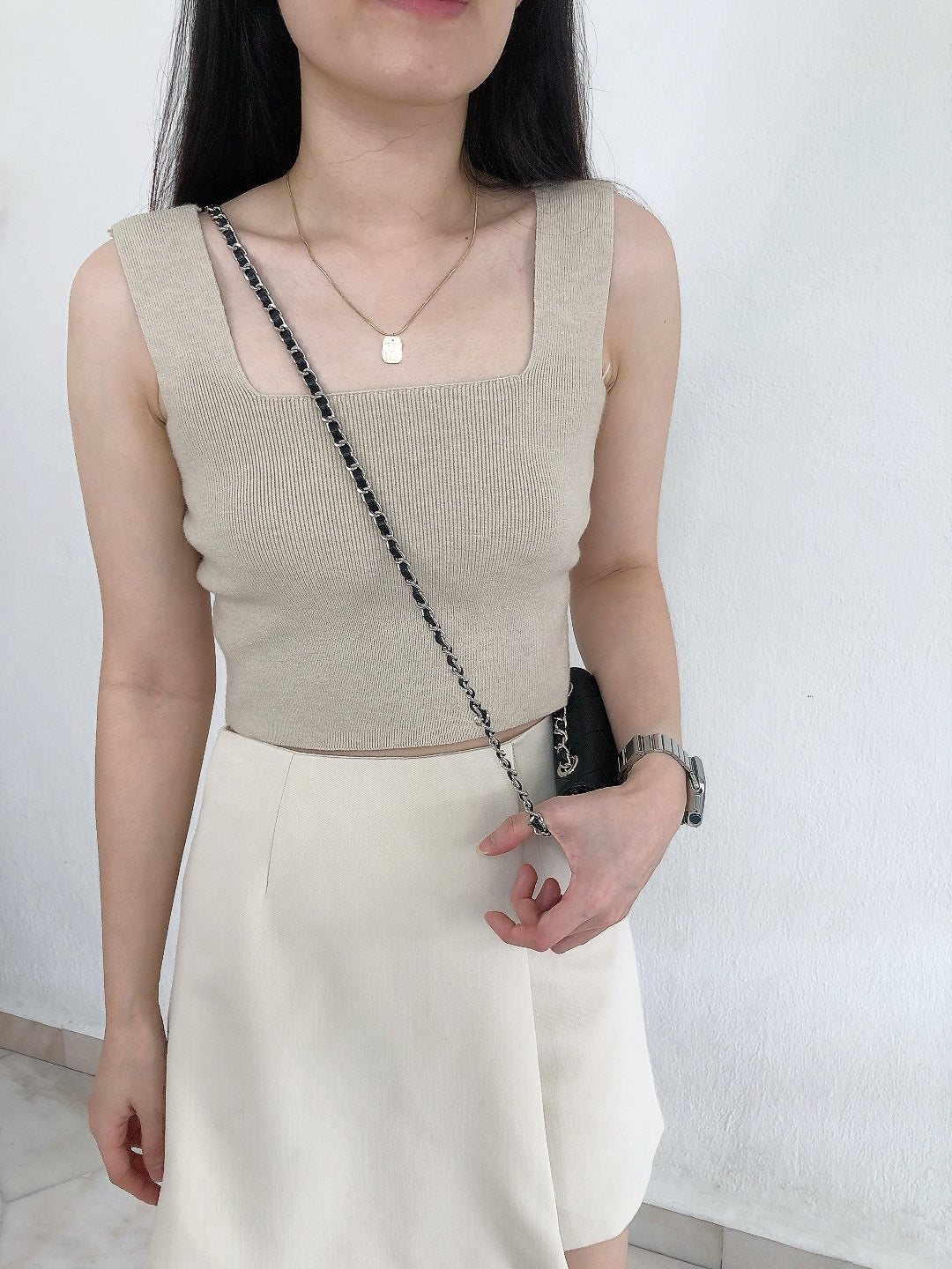 SQUARE NECK KNIT SINGLET IN WHITE/KHAKI