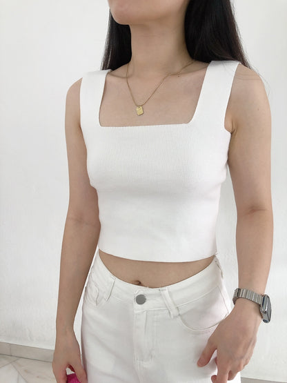 SQUARE NECK KNIT SINGLET IN WHITE/KHAKI