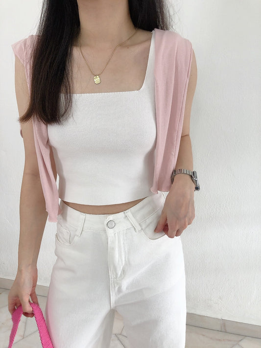 SQUARE NECK KNIT SINGLET IN WHITE/KHAKI