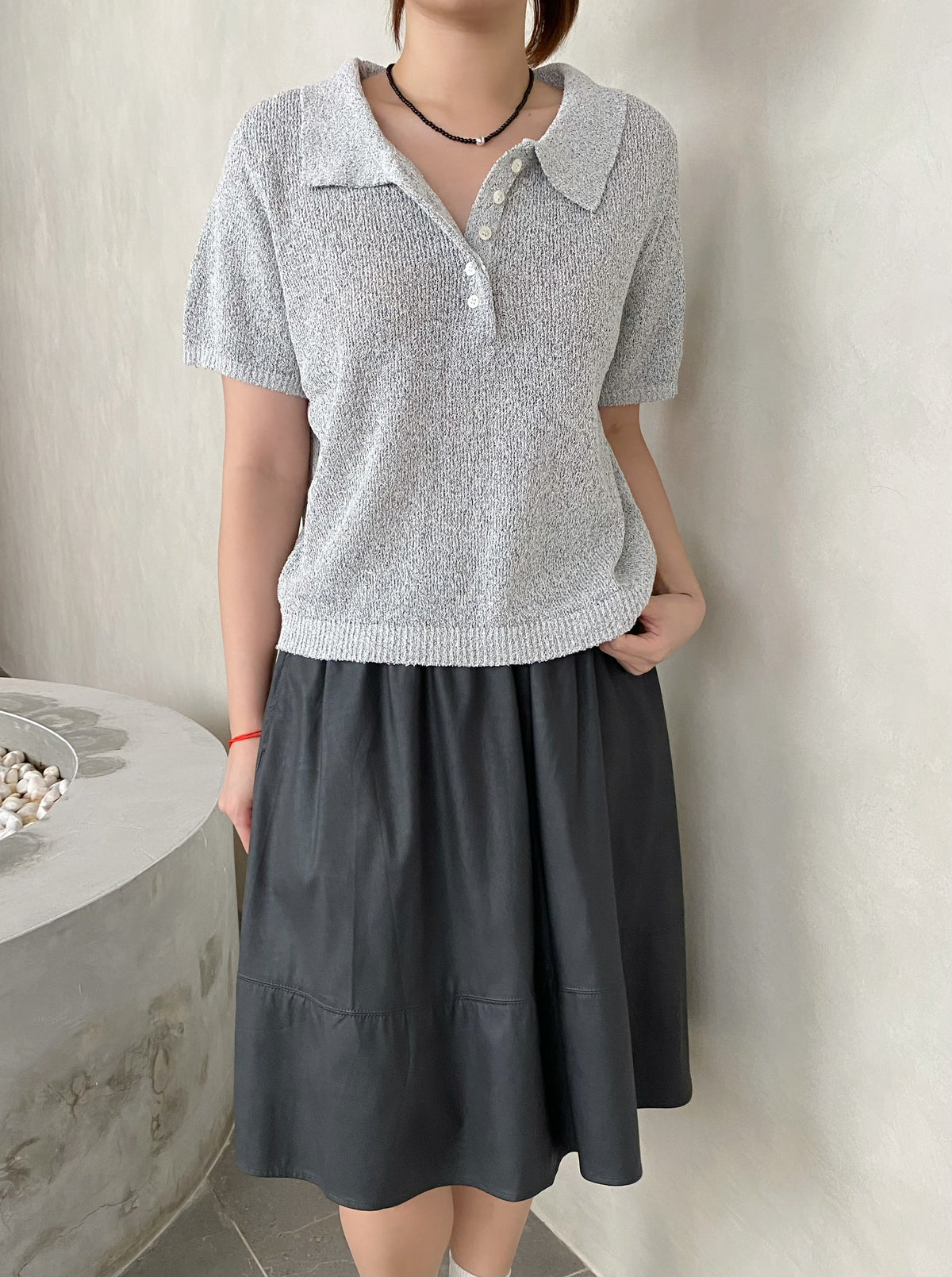 POLO KNIT TOP IN GREY/NAVYBLUE
