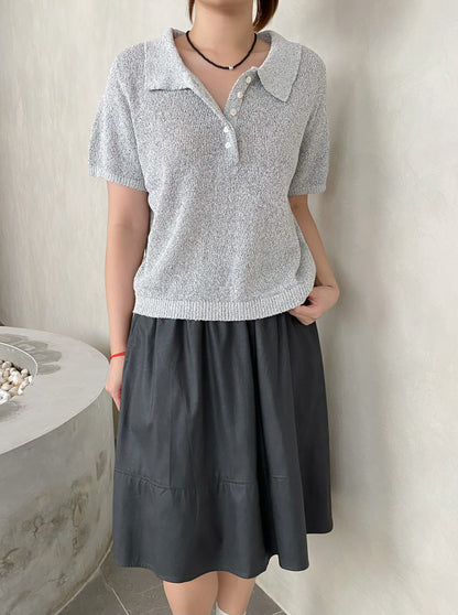 POLO KNIT TOP IN GREY/NAVYBLUE