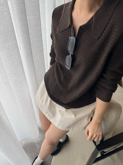 POLO KNIT TOP IN BROWN/CREAM WHITE