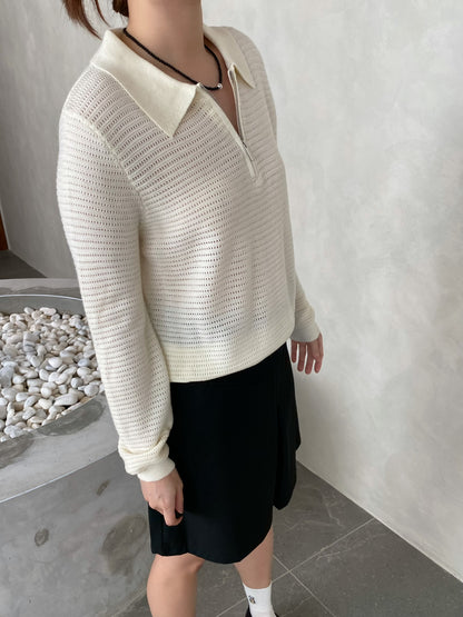 POLO KNIT TOP IN BROWN/CREAM WHITE