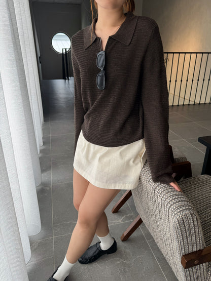 POLO KNIT TOP IN BROWN/CREAM WHITE
