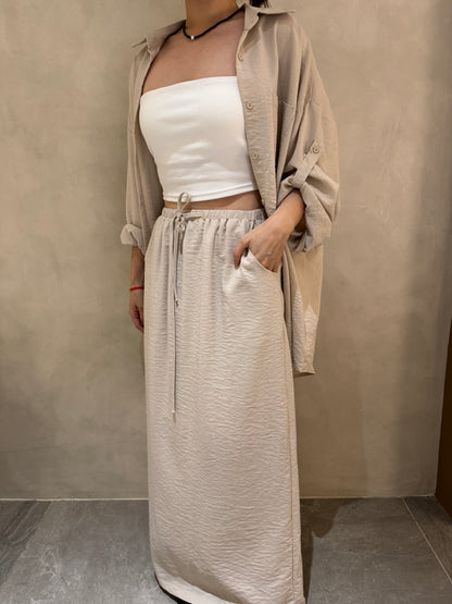 LINEN COTTON BLOUSE+SKIRT IN SET IN BEIGE/BLACK