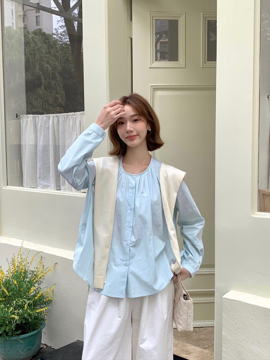 TWO WAY BLOUSE TOP IN BEIGE/AQUA