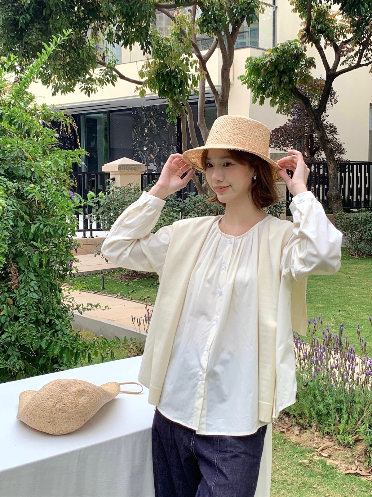 TWO WAY BLOUSE TOP IN BEIGE/AQUA