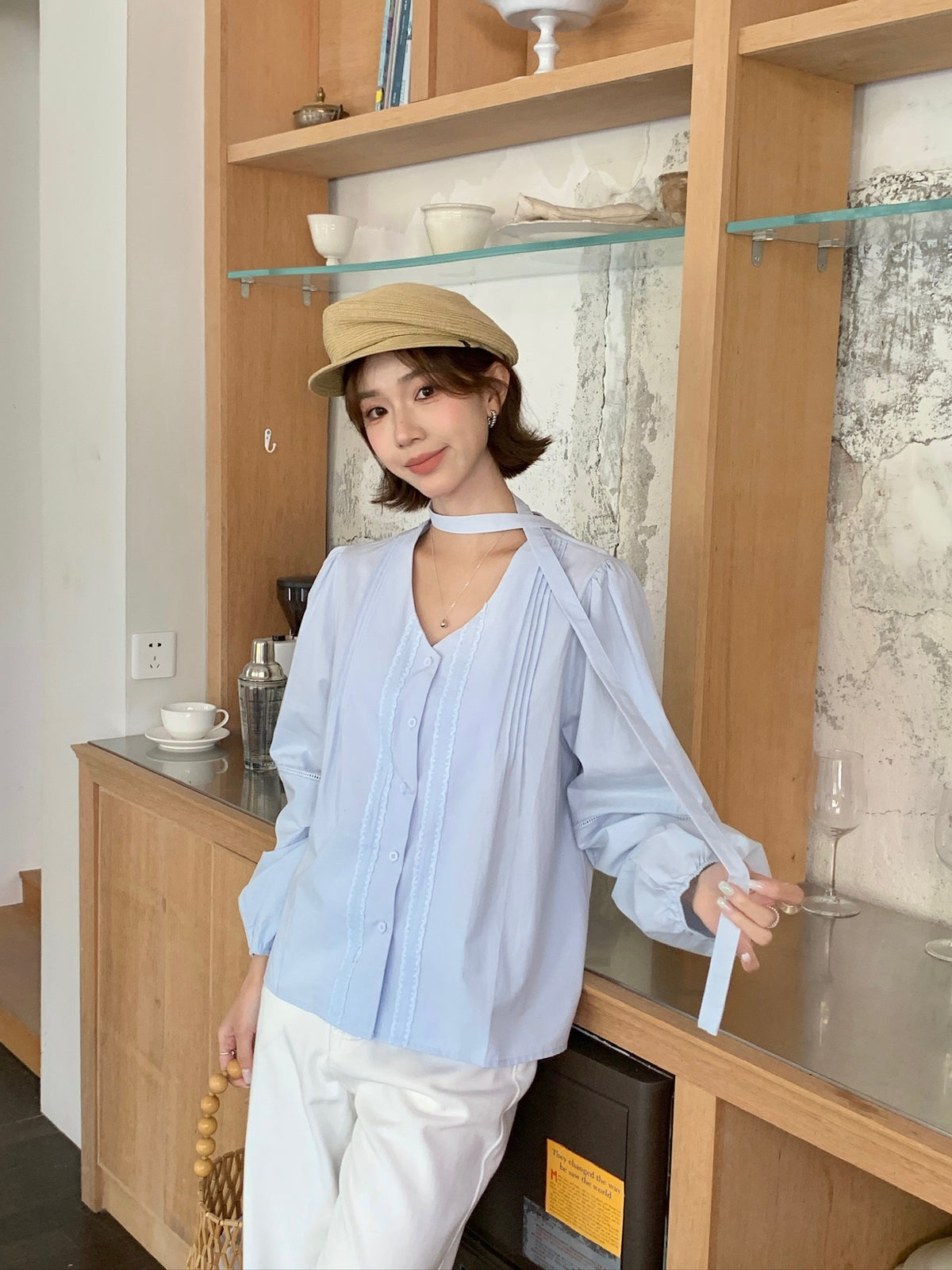 FANCE BLOUSE TOP IN BLUE/BEIGE