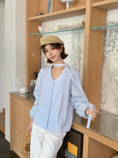 FANCE BLOUSE TOP IN BLUE/BEIGE