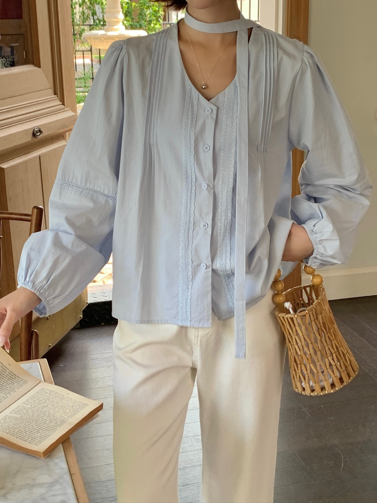 FANCE BLOUSE TOP IN BLUE/BEIGE