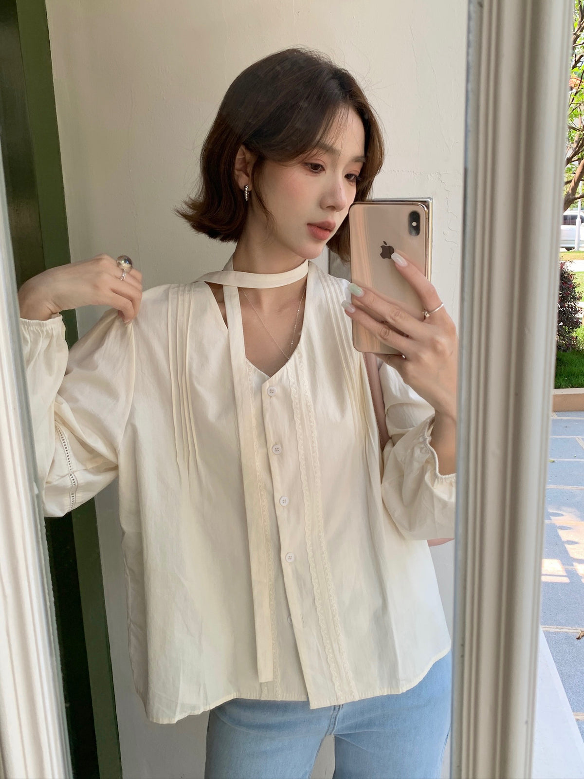FANCE BLOUSE TOP IN BLUE/BEIGE