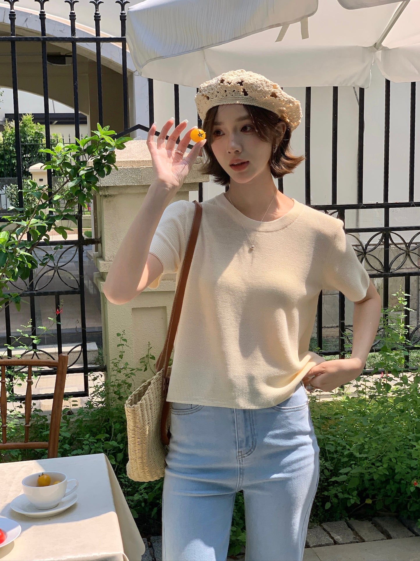LEA KNIT TEE TOP IN PINK/DARKGREY/YELLOW