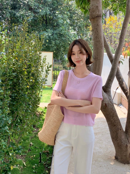 LEA KNIT TEE TOP IN PINK/DARKGREY/YELLOW