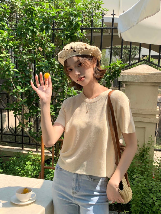 LEA KNIT TEE TOP IN PINK/DARKGREY/YELLOW