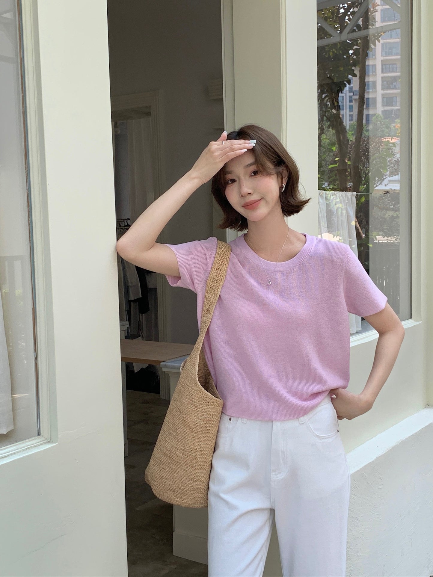 LEA KNIT TEE TOP IN PINK/DARKGREY/YELLOW