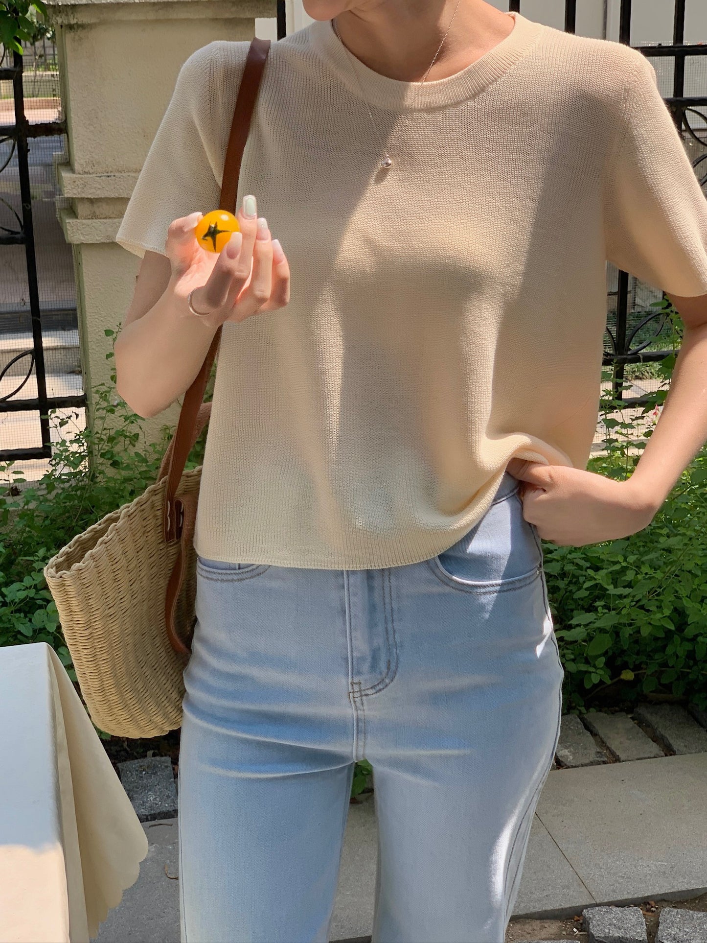 LEA KNIT TEE TOP IN PINK/DARKGREY/YELLOW
