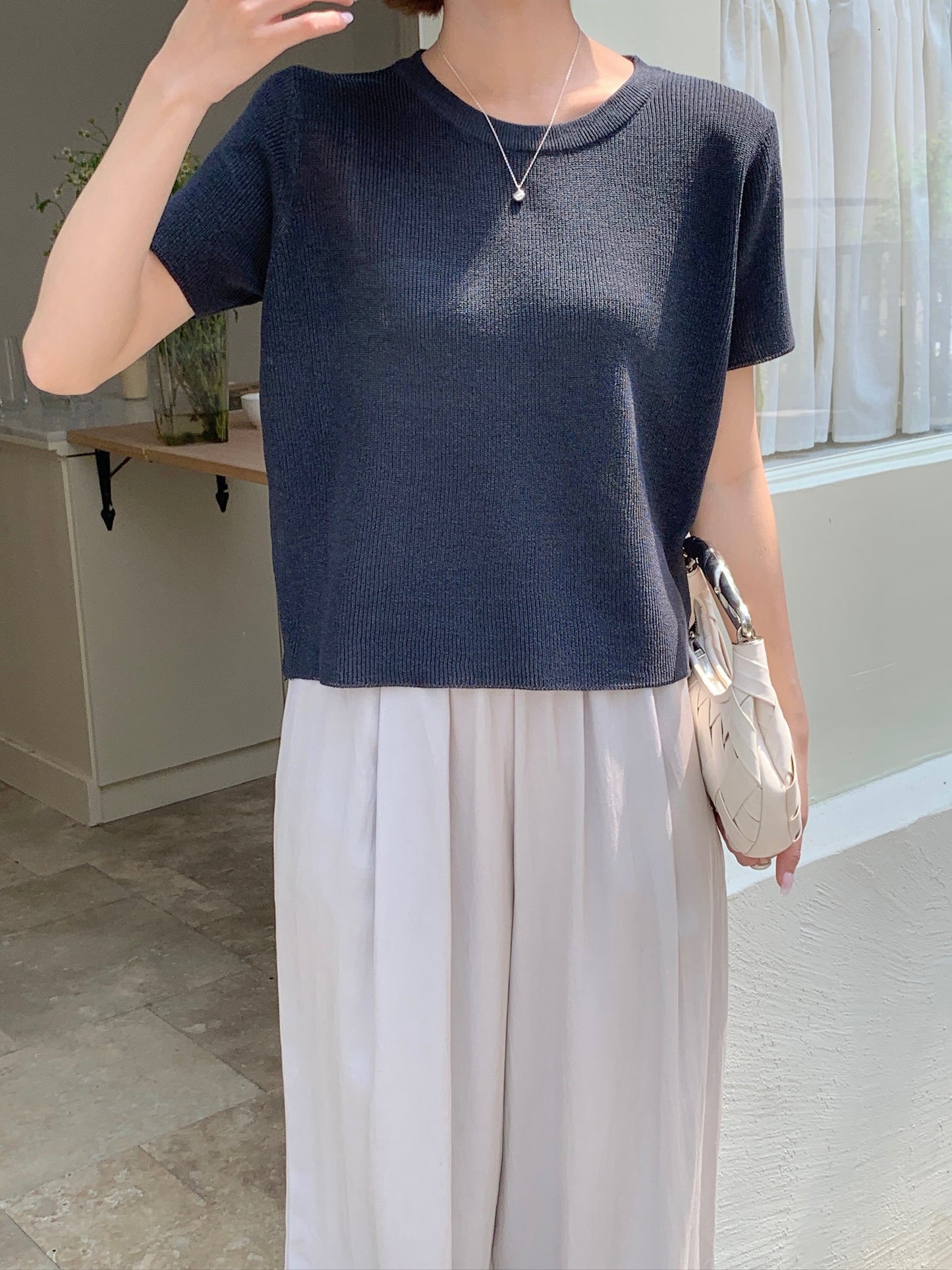 LEA KNIT TEE TOP IN PINK/DARKGREY/YELLOW