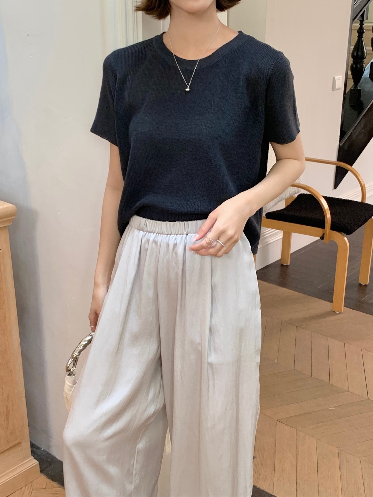 LEA KNIT TEE TOP IN PINK/DARKGREY/YELLOW